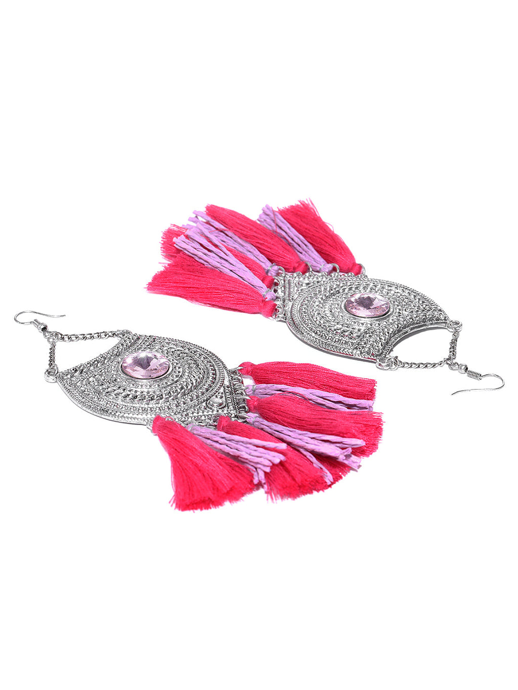Blueberry silver toned and pink tassel drop earrings