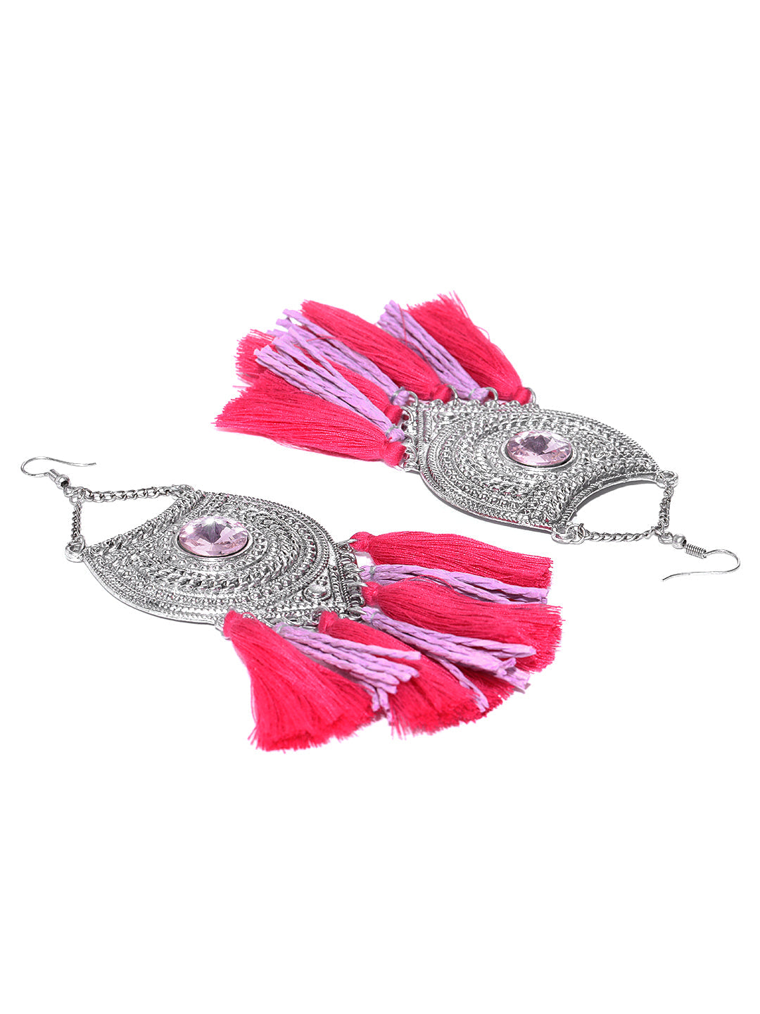 Blueberry silver toned and pink tassel drop earrings