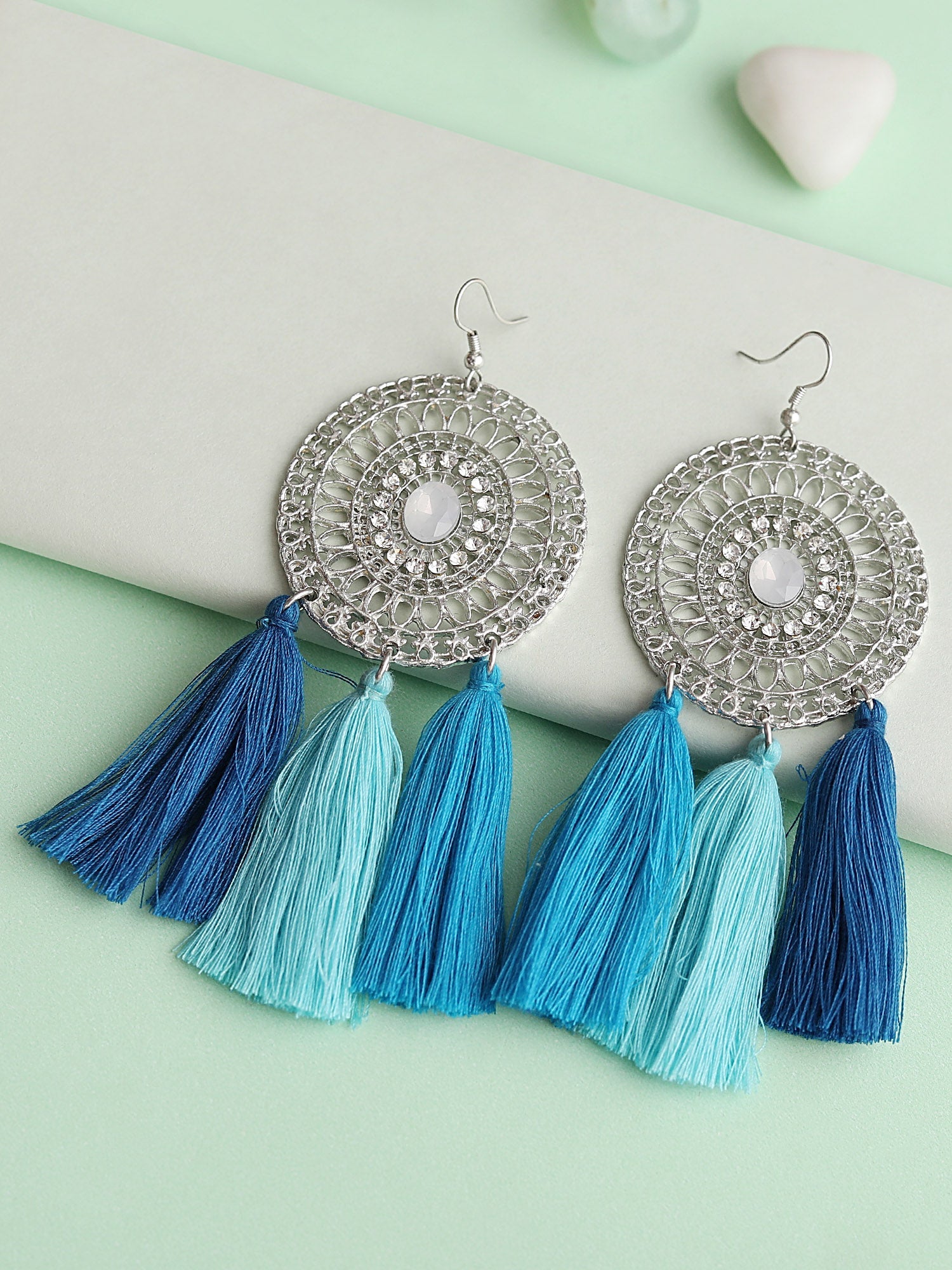 Blueberry silver toned and blue tassel earrings