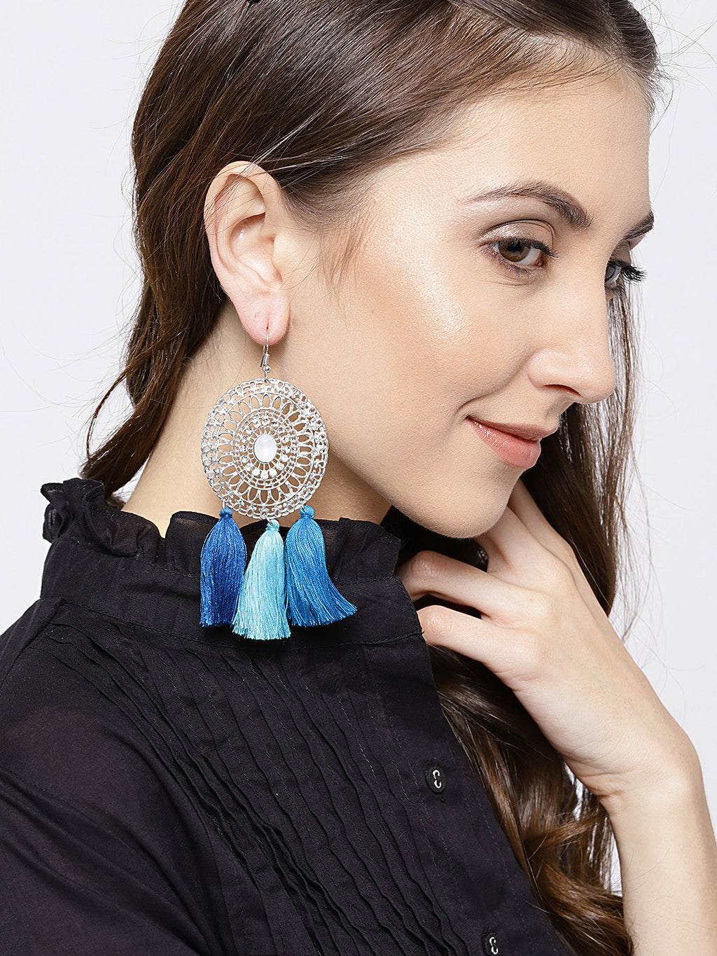 Blueberry silver toned and blue tassel earrings