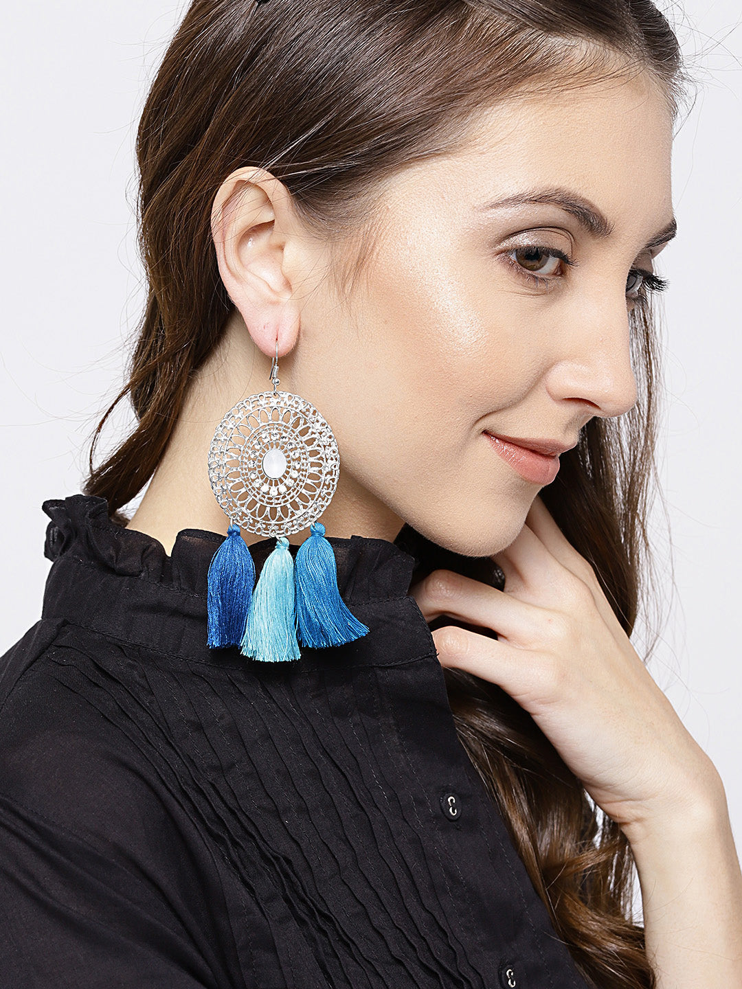 Blueberry silver toned and blue tassel earrings