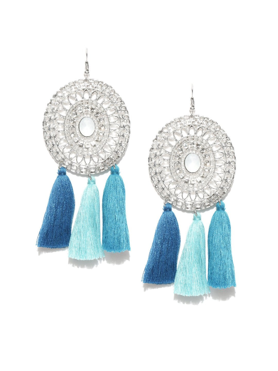 Blueberry silver toned and blue tassel earrings